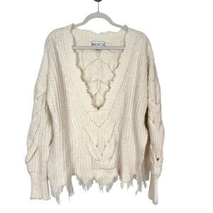 Wildfox Sweater Womens XS White Ivory Knit Braided Distressed Logan Pullover